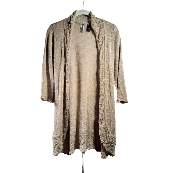 BKE Crochet Long Cardigan with Tie Belt. Size Medium in Tan Long Sleeve - Picture 1 of 10